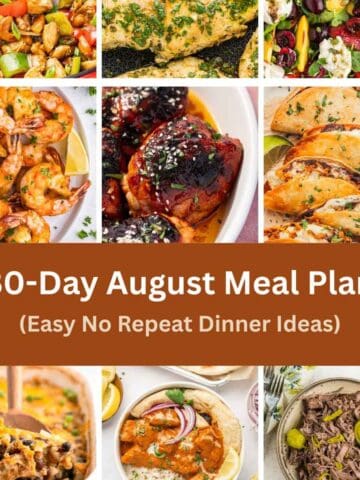 August Meal Plan collage featuring chicken, pasta, tacos, salads, and slow cooker dinners.
