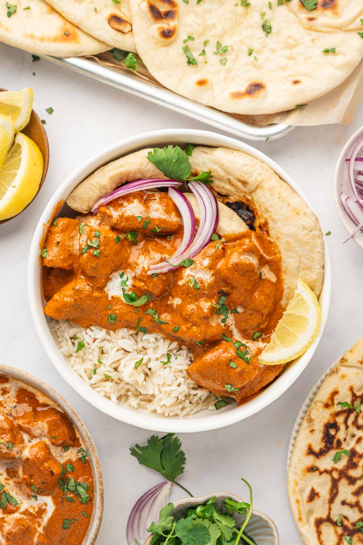Overhead shot of butter chicken served over jeera rice and naan.