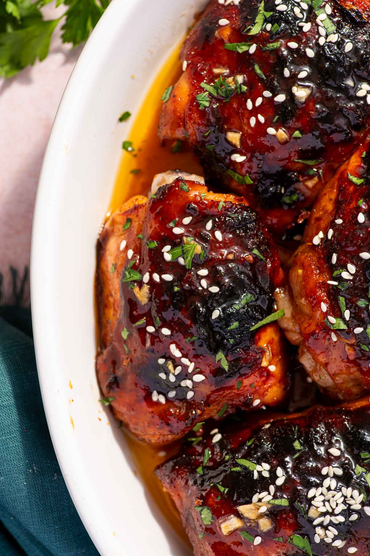 Crispy skin on oven baked honey garlic chicken thighs