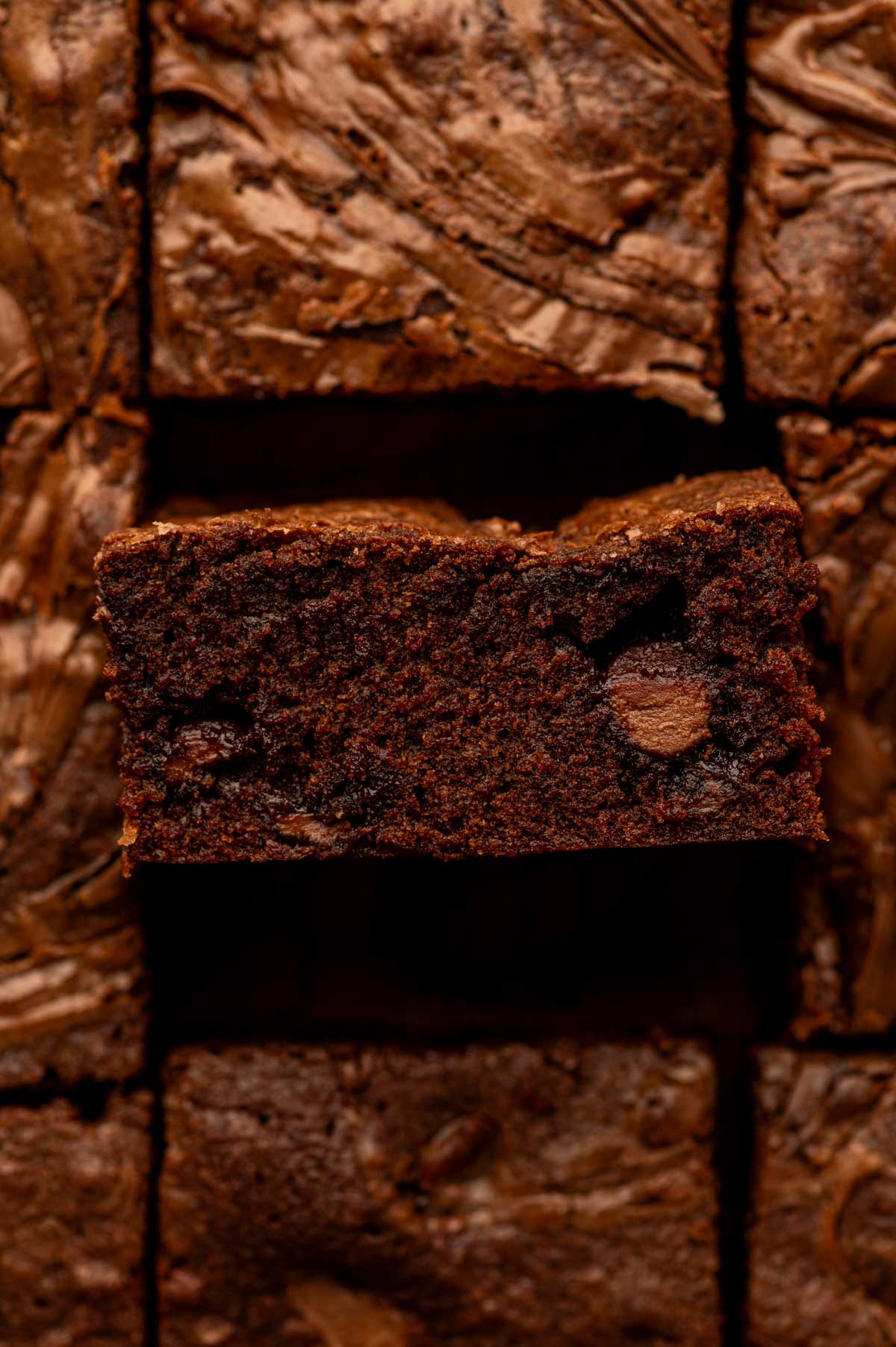 Close-up of rich and gooey Nutella brownies showing the inner side.