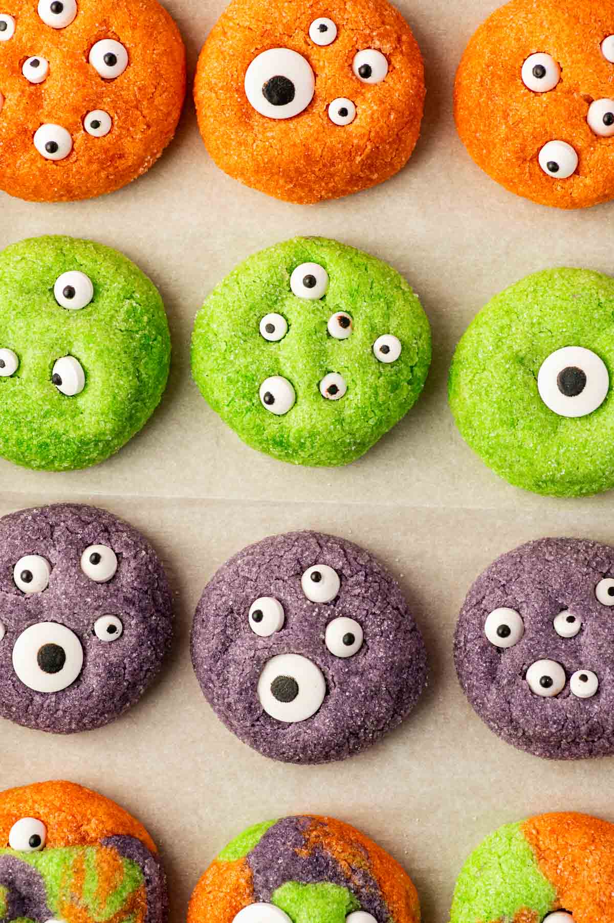 Freshly baked Halloween Monster Eye Cookies with colorful sugar-coated dough and candy eyes