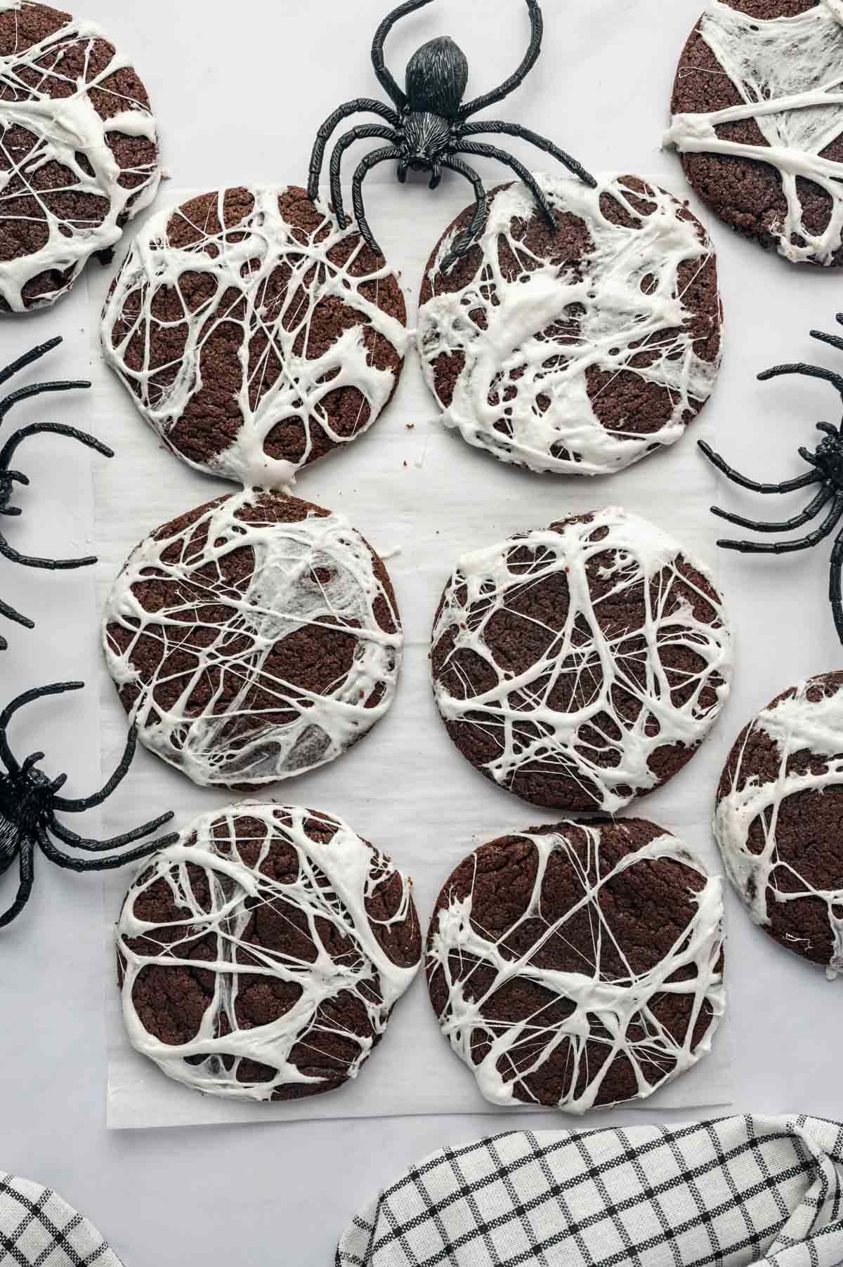 Easy Halloween Spider Web Cookies topped with melted marshmallow