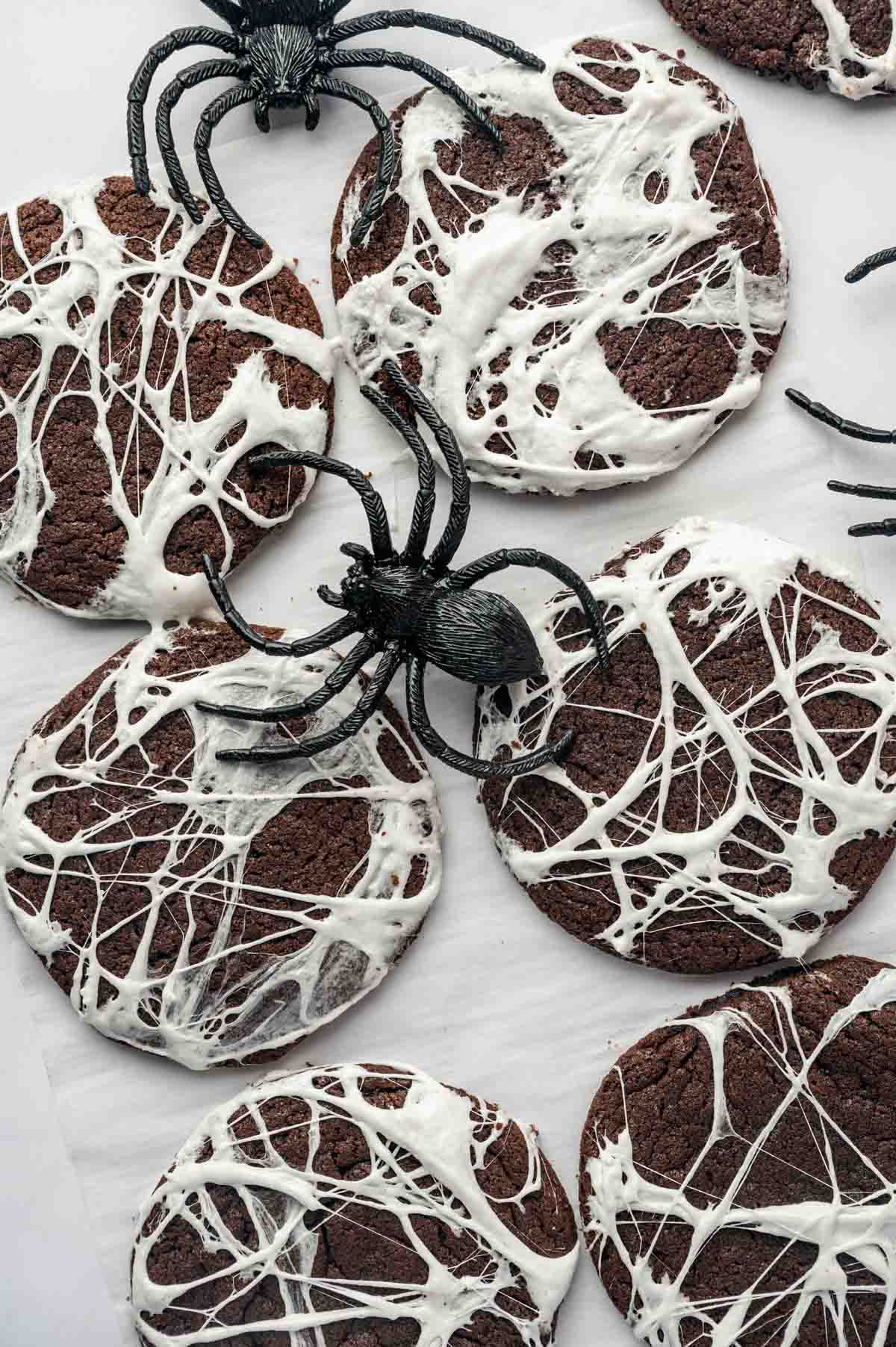 Marshmallow Spider Web Cookies made with chocolate cookies and stretchy marshmallow webs