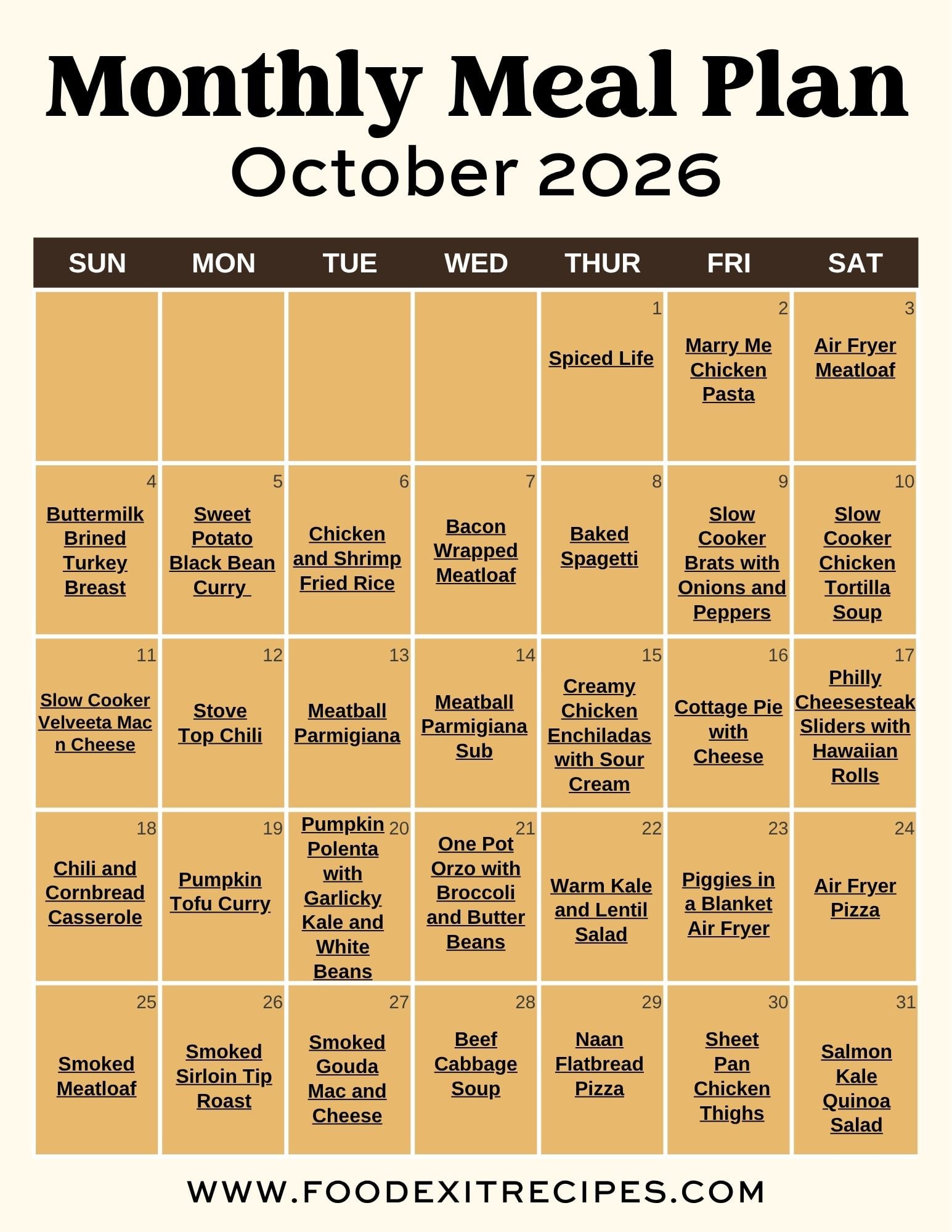 Meal plan for october list in a calender format